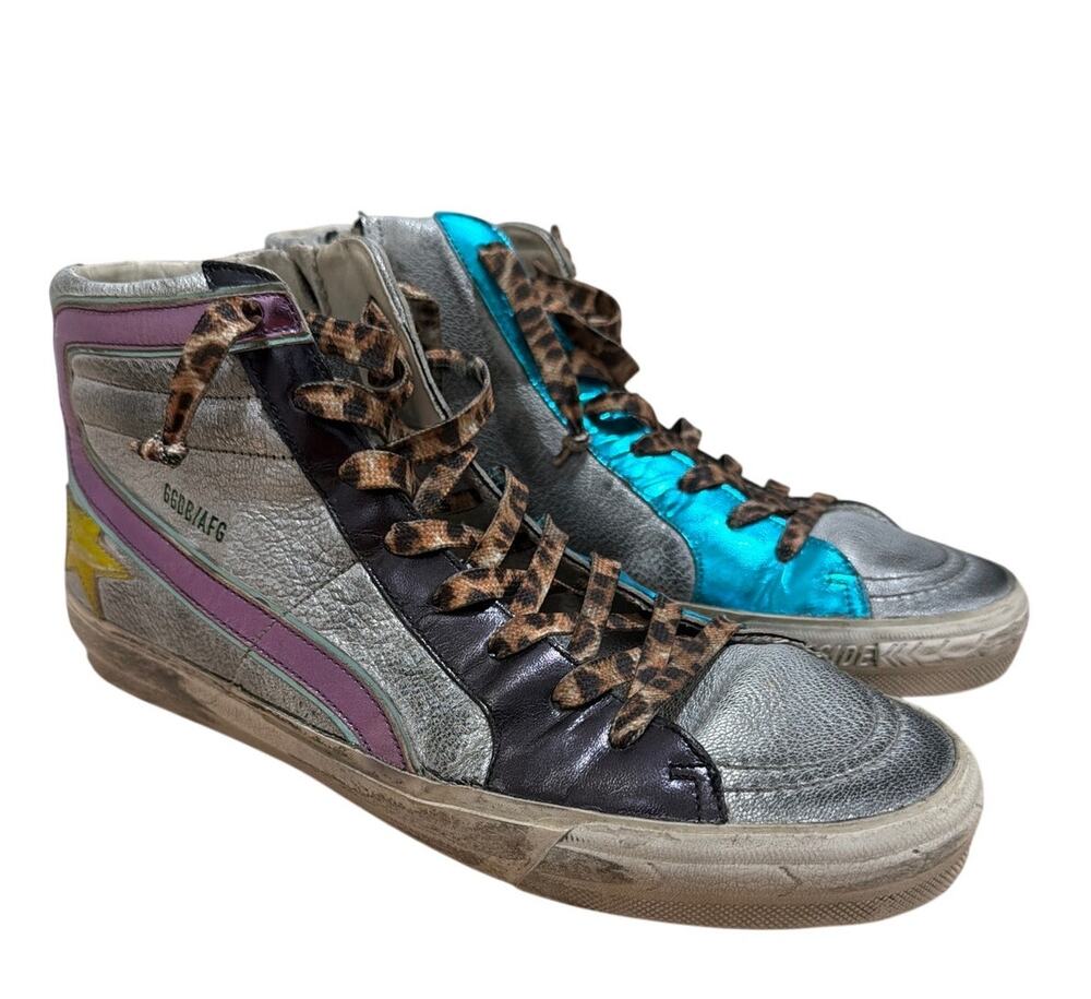 Golden Goose Deluxe Brand Slide Silver Metallic Teal High Top Sneakers 40
